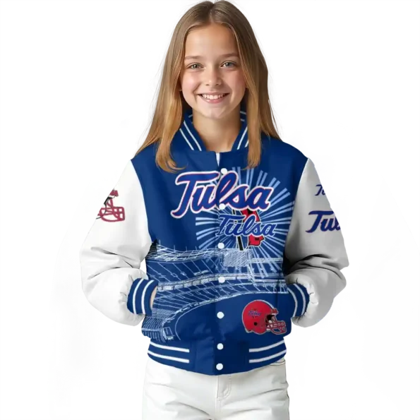 personalized tulsa golden hurricane ferris arena blue white varsity jacket top rated.webp
