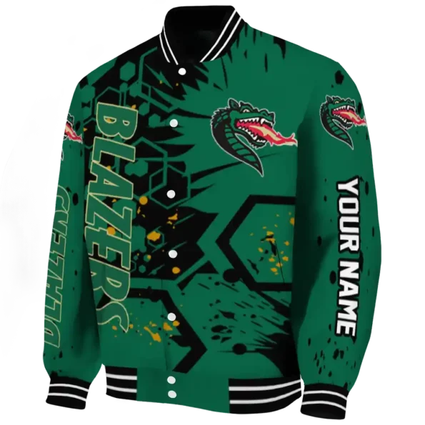 personalized uab blazers hexagon cluster green black varsity jacket best selling.webp