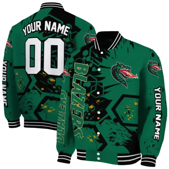 personalized uab blazers hexagon cluster green black varsity jacket fashion forward.webp