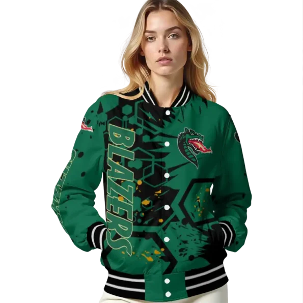 personalized uab blazers hexagon cluster green black varsity jacket latest model.webp