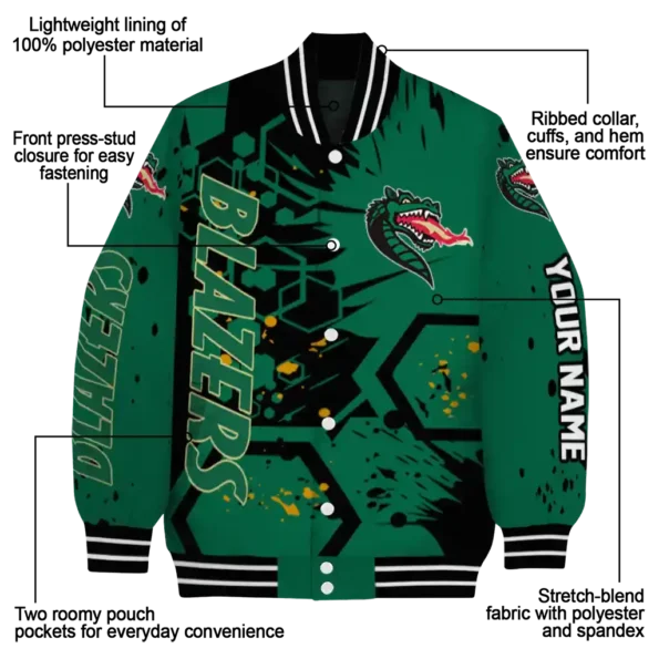 personalized uab blazers hexagon cluster green black varsity jacket new arrival.webp