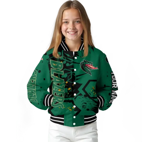 personalized uab blazers hexagon cluster green black varsity jacket top rated.webp