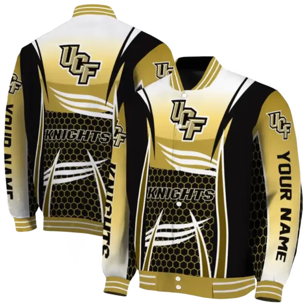 personalized ucf knights mesh effect gold black varsity jacket fashion forward.webp