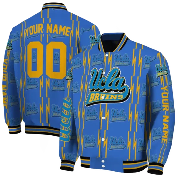 personalized ucla bruins bolt stripe blue varsity jacket fashion forward.webp