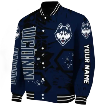 personalized uconn huskies hexagon cluster blue black varsity jacket best selling.webp