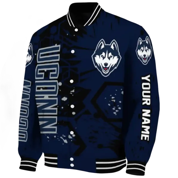 personalized uconn huskies hexagon cluster blue black varsity jacket best selling.webp