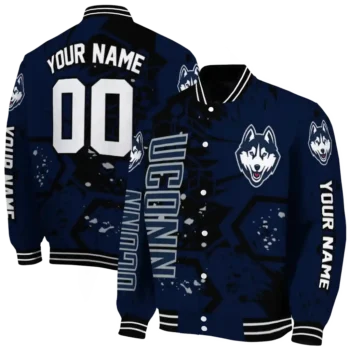 personalized uconn huskies hexagon cluster blue black varsity jacket fashion forward.webp