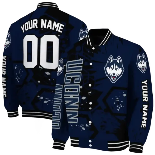 personalized uconn huskies hexagon cluster blue black varsity jacket fashion forward.webp