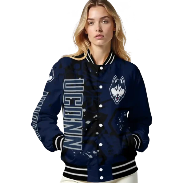 personalized uconn huskies hexagon cluster blue black varsity jacket latest model.webp