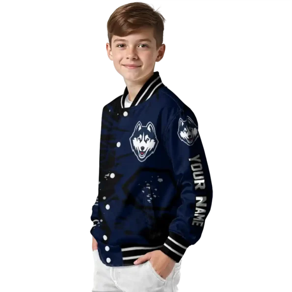 personalized uconn huskies hexagon cluster blue black varsity jacket trendy.webp