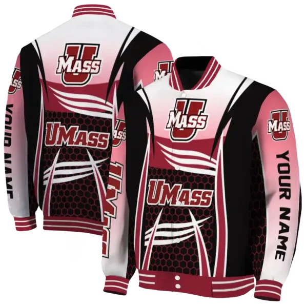 personalized umass minutemen mesh effect red black varsity jacket fashion forward.webp