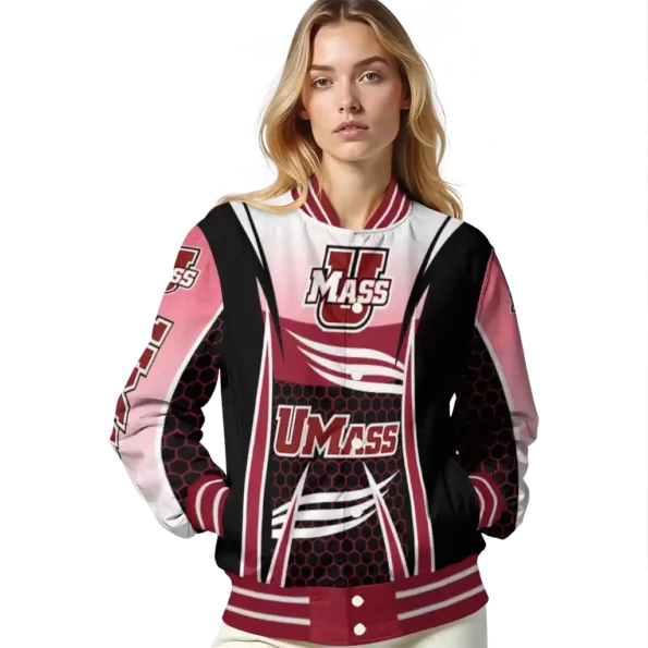 personalized umass minutemen mesh effect red black varsity jacket latest model.webp