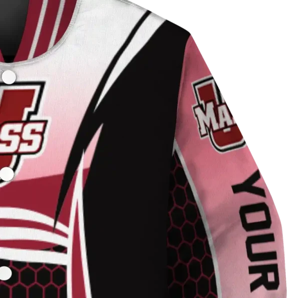 personalized umass minutemen mesh effect red black varsity jacket premium grade.webp