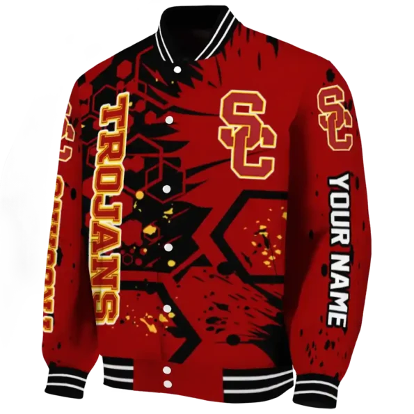 personalized usc trojans hexagon cluster red black varsity jacket best selling.webp