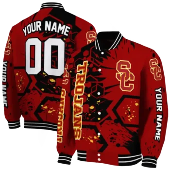 personalized usc trojans hexagon cluster red black varsity jacket fashion forward.webp
