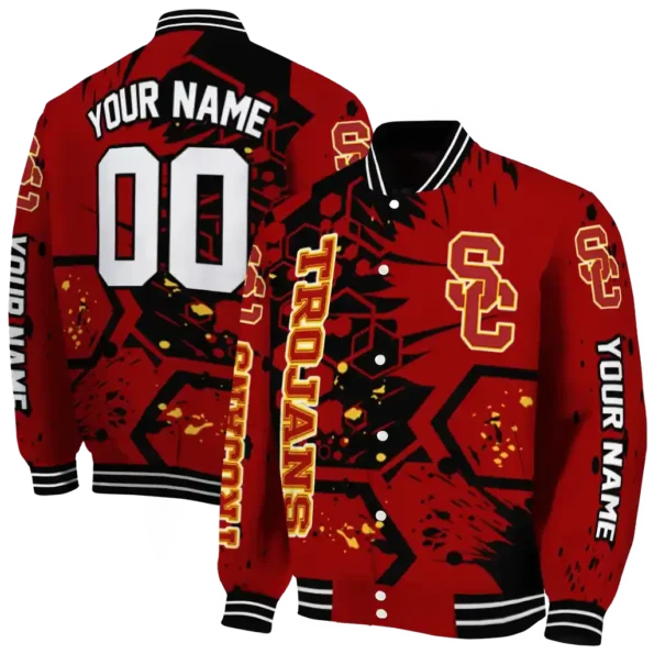 personalized usc trojans hexagon cluster red black varsity jacket fashion forward.webp