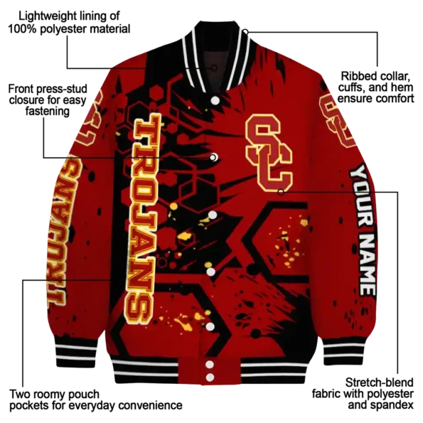 personalized usc trojans hexagon cluster red black varsity jacket new arrival.webp
