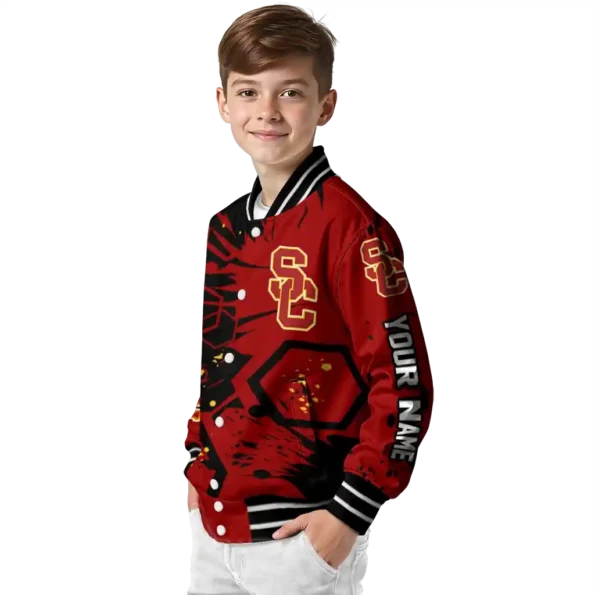 personalized usc trojans hexagon cluster red black varsity jacket trendy.webp