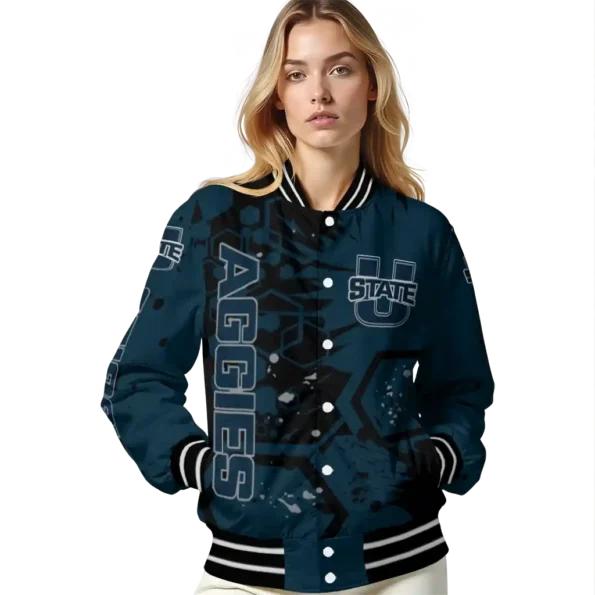 personalized utah state aggies hexagon cluster navy black varsity jacket latest model.webp