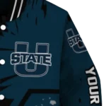 personalized utah state aggies hexagon cluster navy black varsity jacket best selling.webp