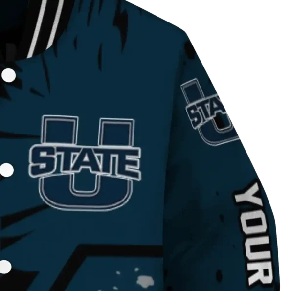 personalized utah state aggies hexagon cluster navy black varsity jacket premium grade.webp