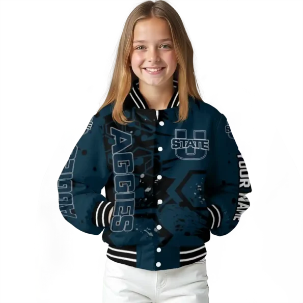 personalized utah state aggies hexagon cluster navy black varsity jacket top rated.webp