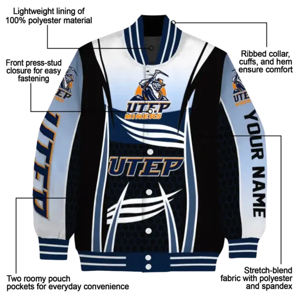 personalized utep miners mesh effect blue black varsity jacket new arrival.webp