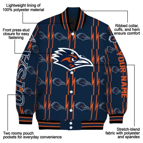 personalized utsa roadrunners bolt stripe orange varsity jacket new arrival.webp