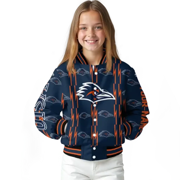 personalized utsa roadrunners bolt stripe orange varsity jacket top rated.webp