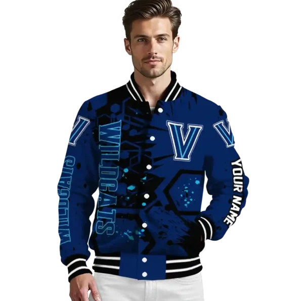 personalized villanova wildcats hexagon cluster navy black varsity jacket high quality.webp