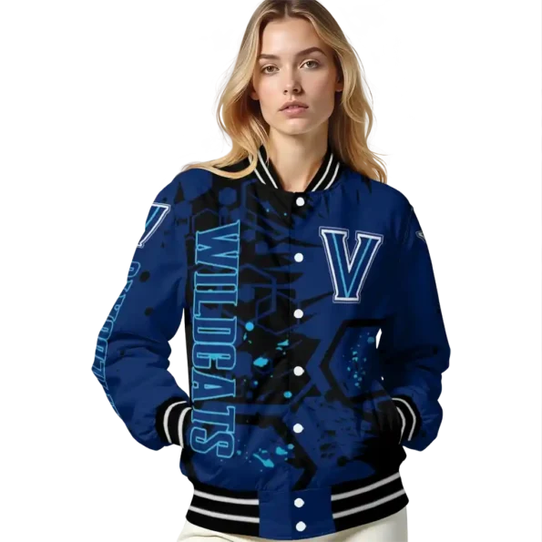 personalized villanova wildcats hexagon cluster navy black varsity jacket latest model.webp