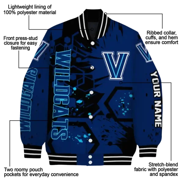 personalized villanova wildcats hexagon cluster navy black varsity jacket new arrival.webp