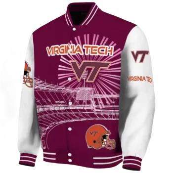 personalized virginia tech hokies ferris arena maroon white varsity jacket best selling.webp