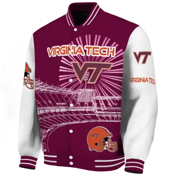 personalized virginia tech hokies ferris arena maroon white varsity jacket best selling.webp