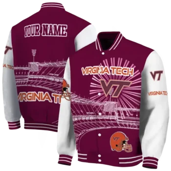 personalized virginia tech hokies ferris arena maroon white varsity jacket fashion forward.webp