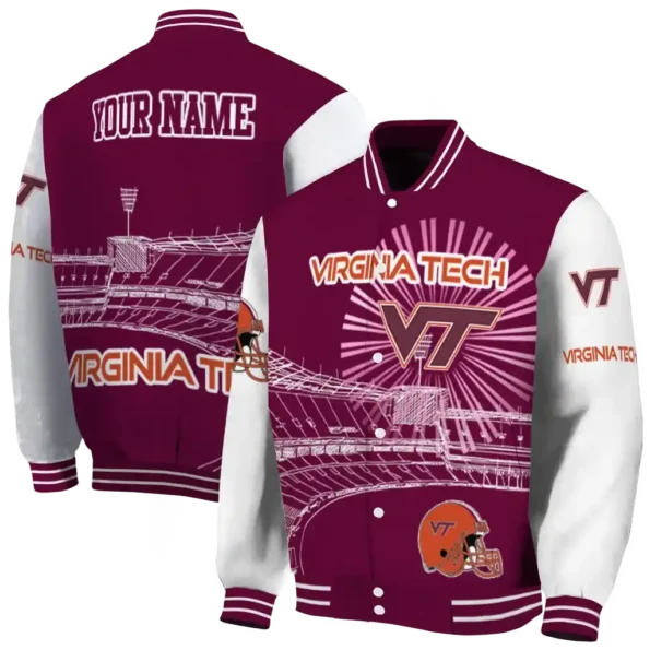 personalized virginia tech hokies ferris arena maroon white varsity jacket fashion forward.webp