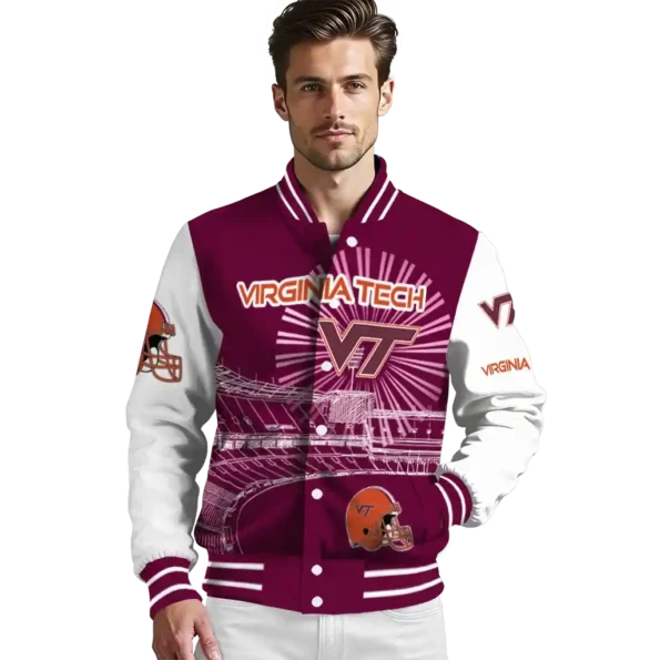 personalized virginia tech hokies ferris arena maroon white varsity jacket high quality.webp