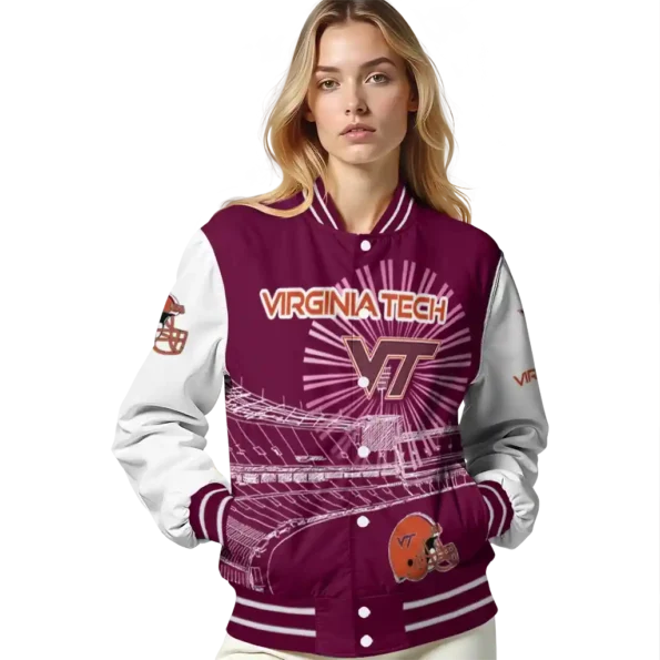personalized virginia tech hokies ferris arena maroon white varsity jacket latest model.webp