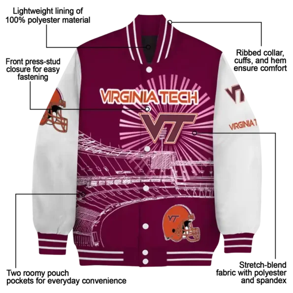 personalized virginia tech hokies ferris arena maroon white varsity jacket new arrival.webp