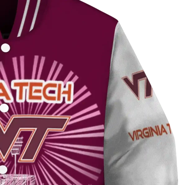 personalized virginia tech hokies ferris arena maroon white varsity jacket premium grade.webp