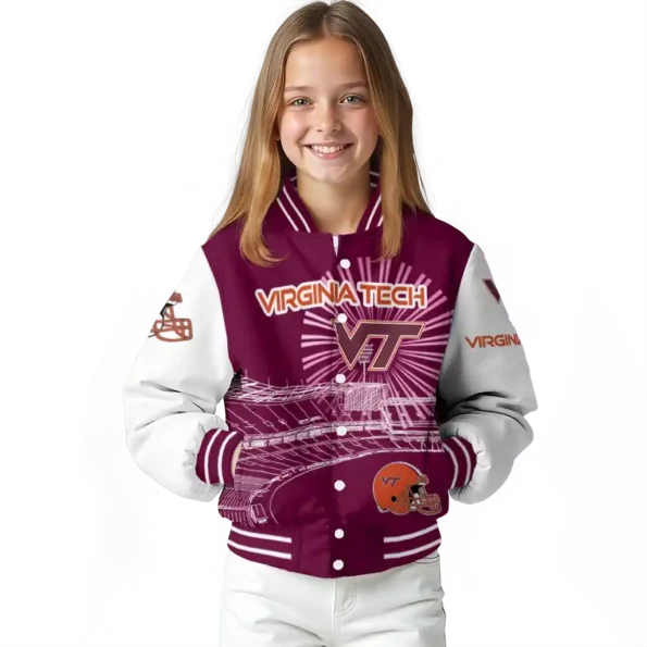 personalized virginia tech hokies ferris arena maroon white varsity jacket top rated.webp