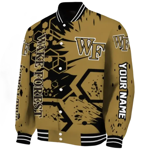 personalized wake forest demon deacons hexagon cluster gold black varsity jacket best selling.webp