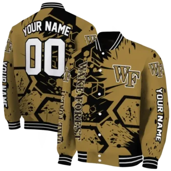 personalized wake forest demon deacons hexagon cluster gold black varsity jacket fashion forward.webp