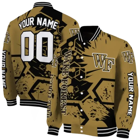 personalized wake forest demon deacons hexagon cluster gold black varsity jacket fashion forward.webp