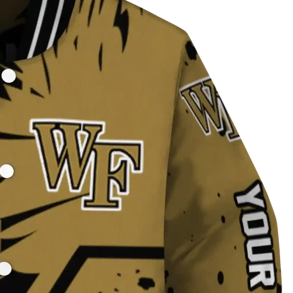 personalized wake forest demon deacons hexagon cluster gold black varsity jacket premium grade.webp