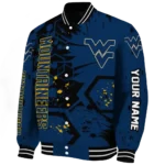 personalized west virginia mountaineers hexagon cluster blue black varsity jacket best selling.webp