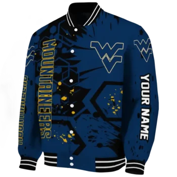 personalized west virginia mountaineers hexagon cluster blue black varsity jacket best selling.webp