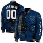 personalized west virginia mountaineers hexagon cluster blue black varsity jacket best selling.webp