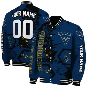 personalized west virginia mountaineers hexagon cluster blue black varsity jacket fashion forward.webp