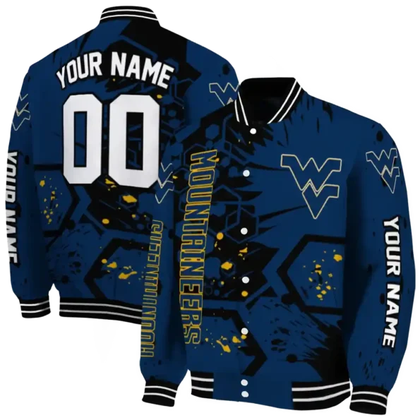 personalized west virginia mountaineers hexagon cluster blue black varsity jacket fashion forward.webp